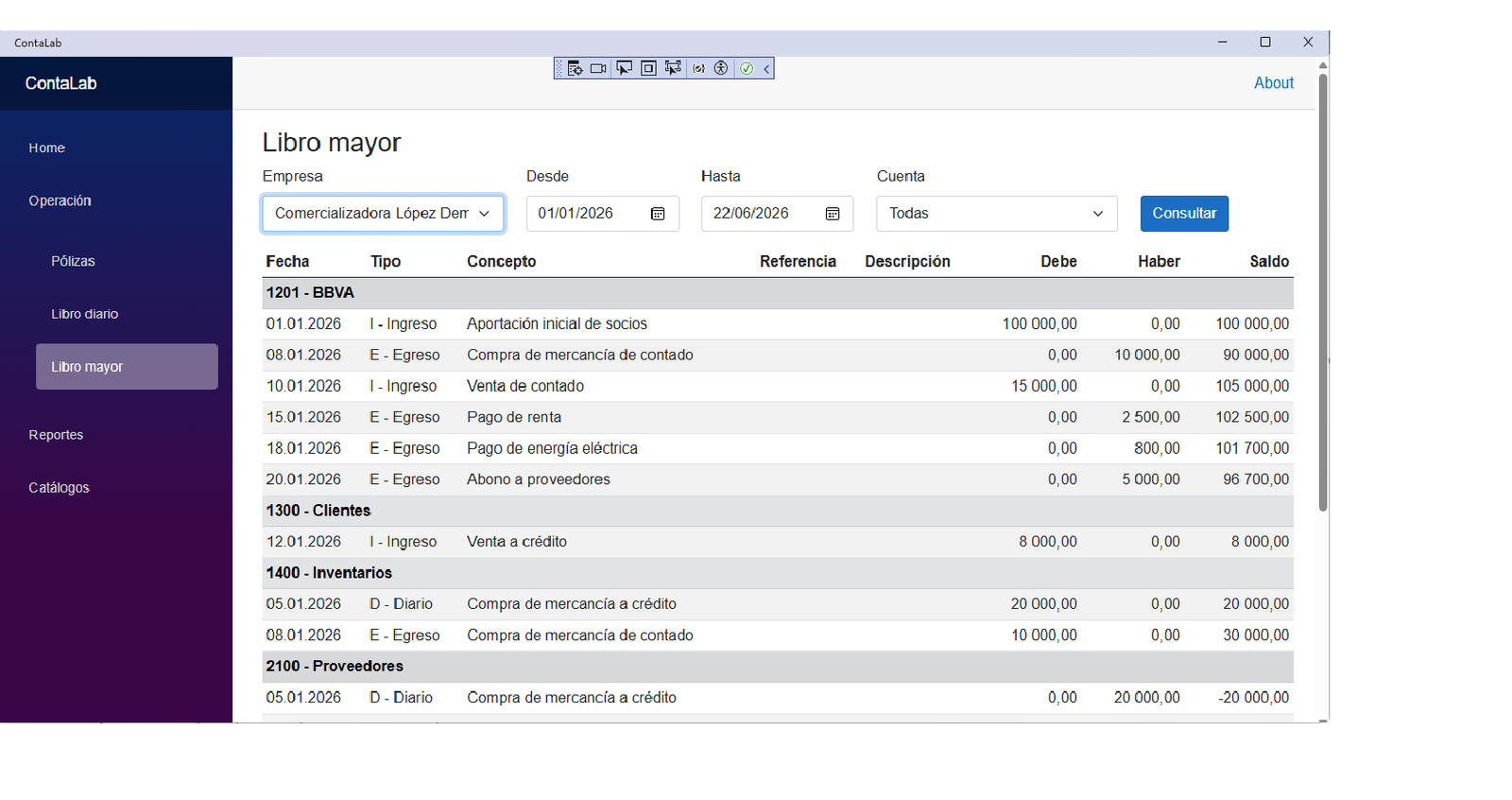 ContaLab general ledger screen
