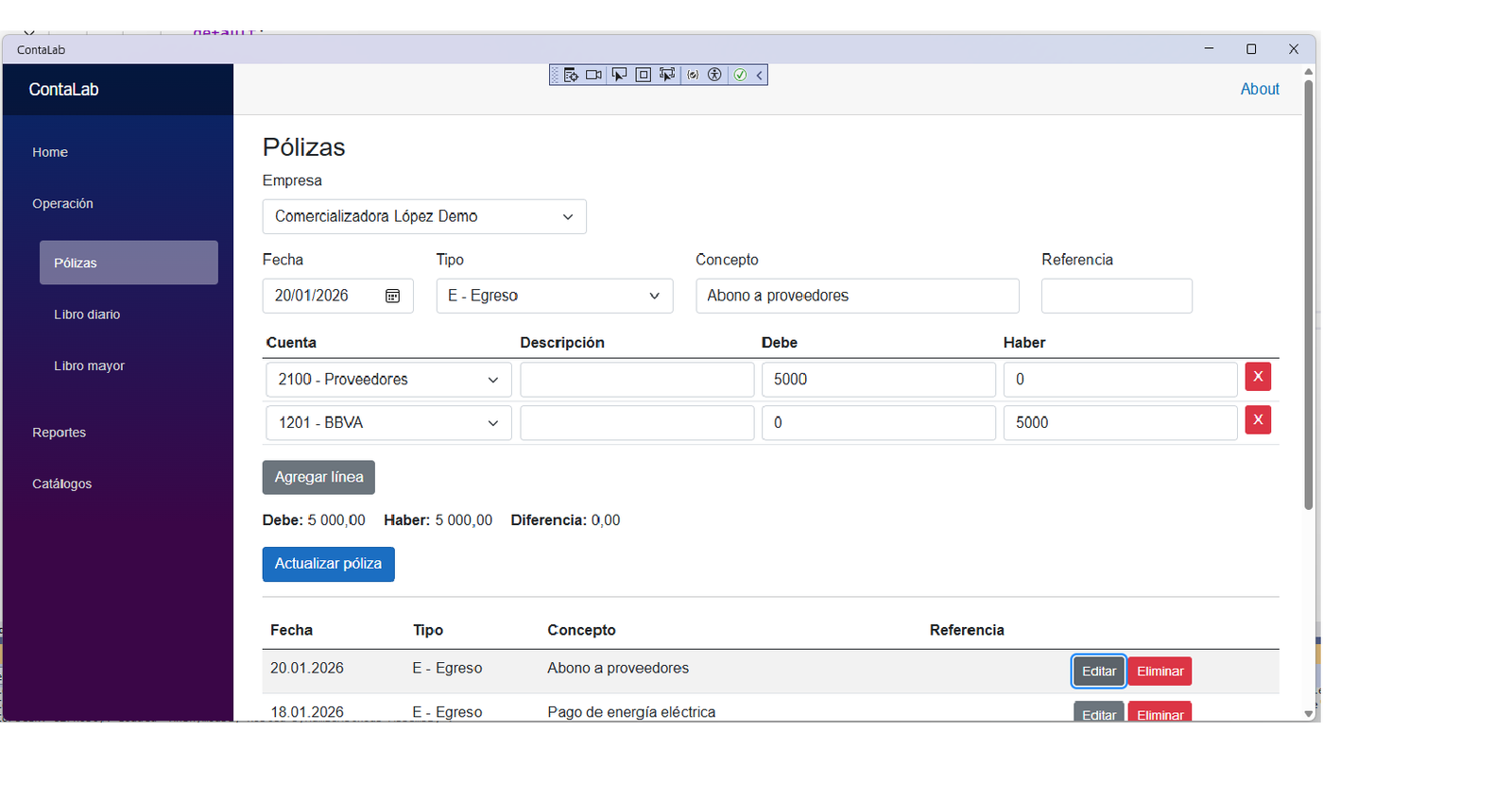 ContaLab accounting policies screen